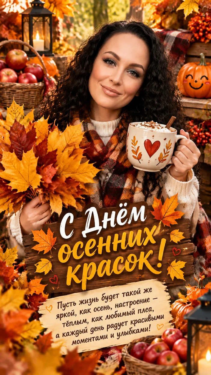 Фотосессия осенняя в студии — девушка в модном осеннем образе с огромным букетом листьев, тыквами и корзиной яблок, баннер «С Днём осенних красок!