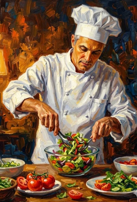 Повар в белом кителе и колпаке за столом смешивает салат выразительная поза живописная иллюстрация