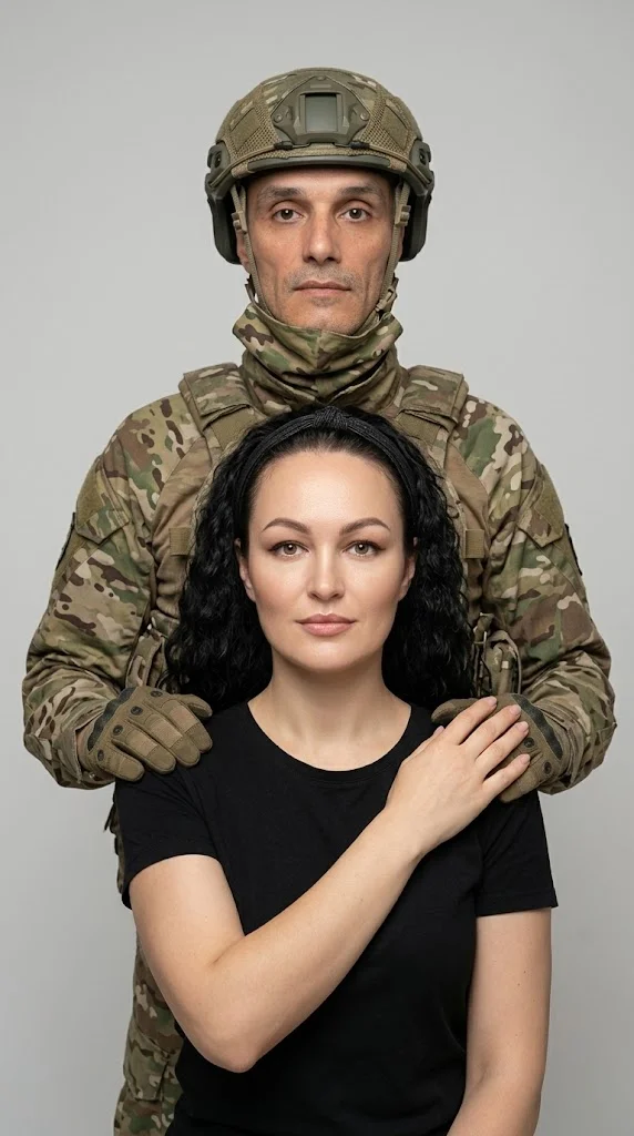 Мужчина в камуфляже за женщиной фронтально руки на плечах