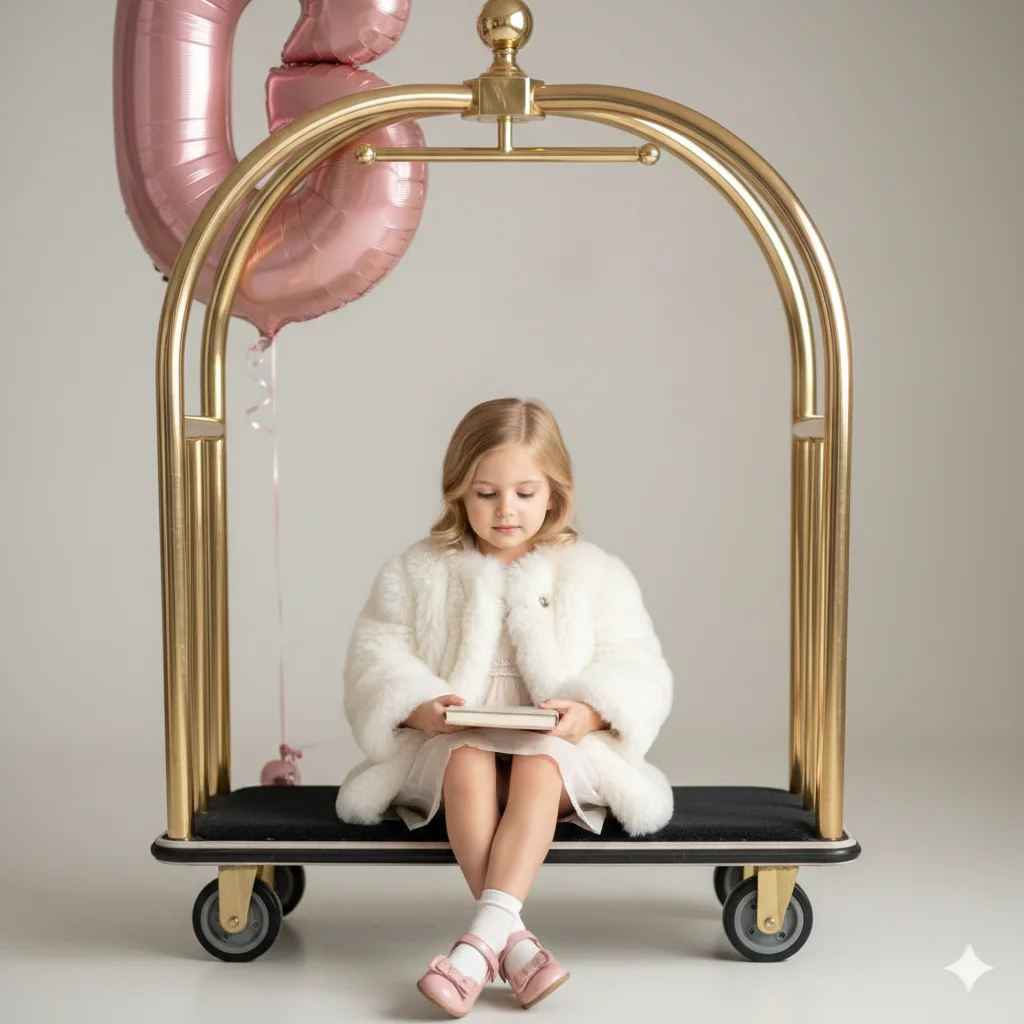 Девочка в интерьере в белой шубке сидит на багажной тележке с розовым шаром