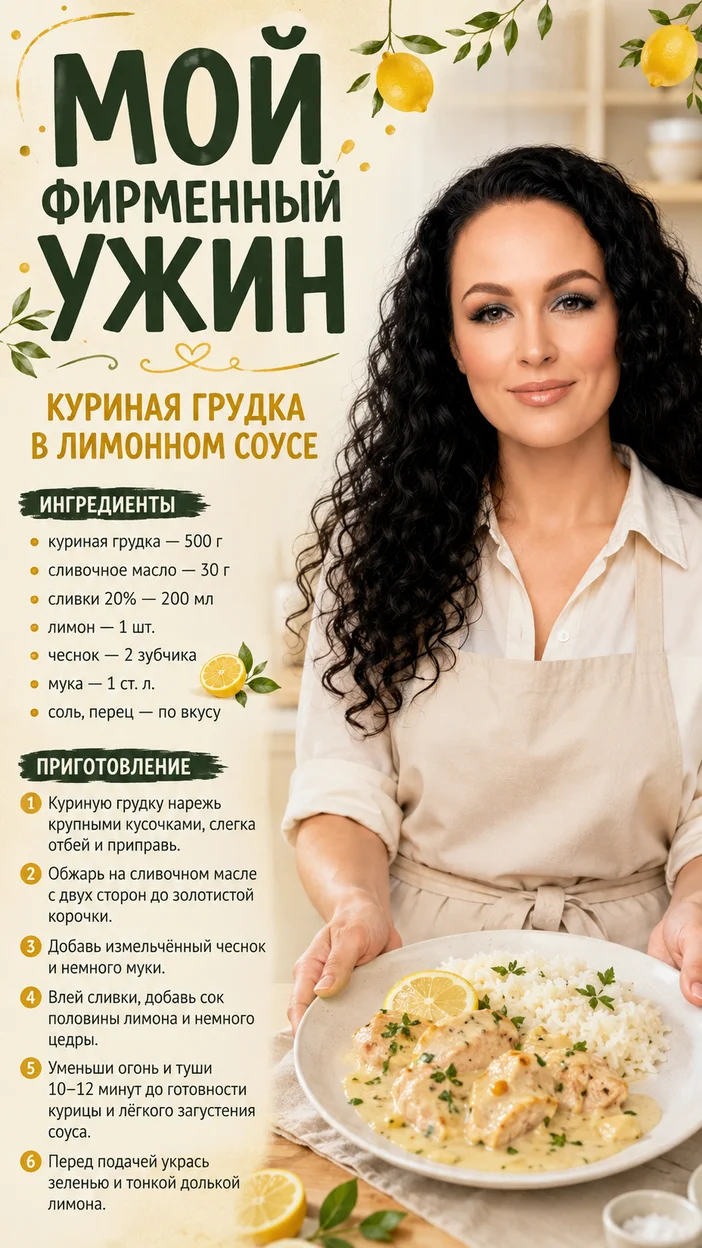 Фотосессия моего фирменного ужина с куриной грудкой в лимонном соусе