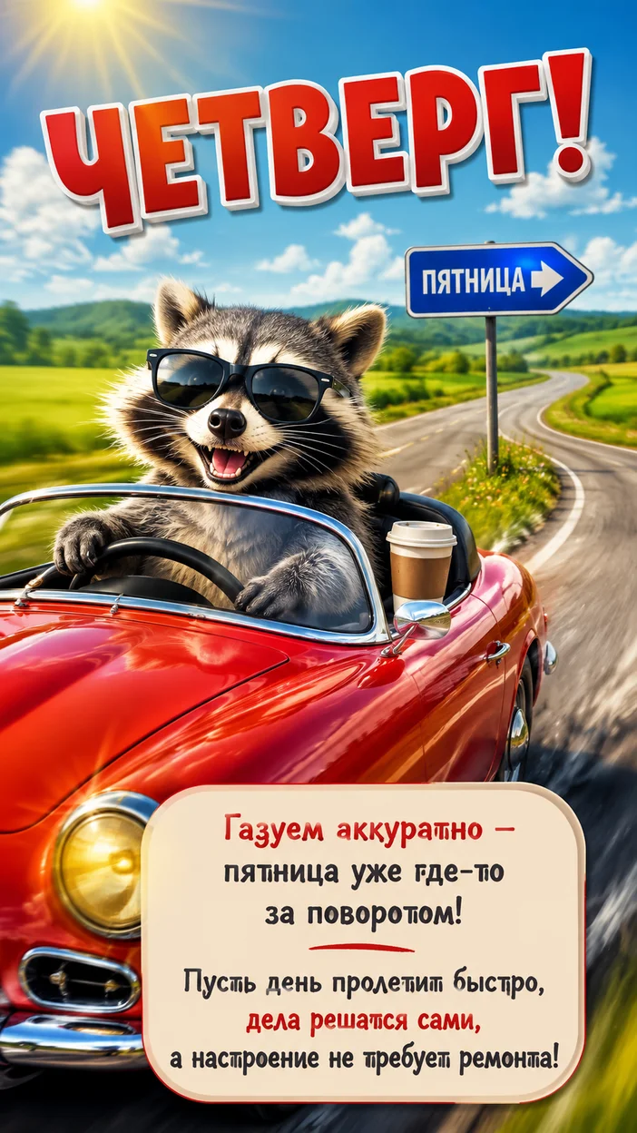 Фотооткрытка с енотом на четверг с текстом «ЧЕТВЕРГ!»
