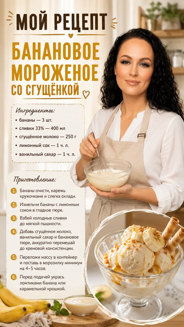Фотосессия бананового мороженого со сгущёнкой
