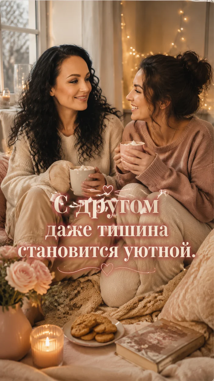 Фотосессия друзья у окна на диване с гирляндой и какао