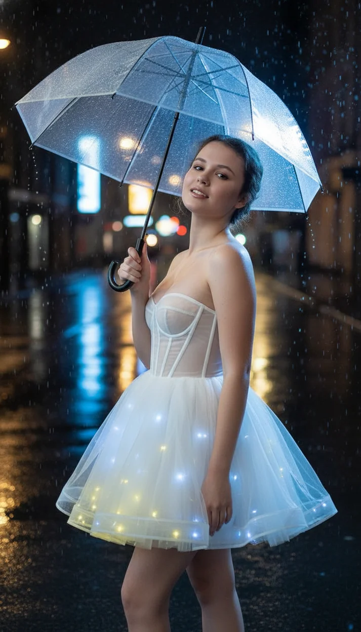 Девушка на ночной улице под дождём в белом светящемся платье 