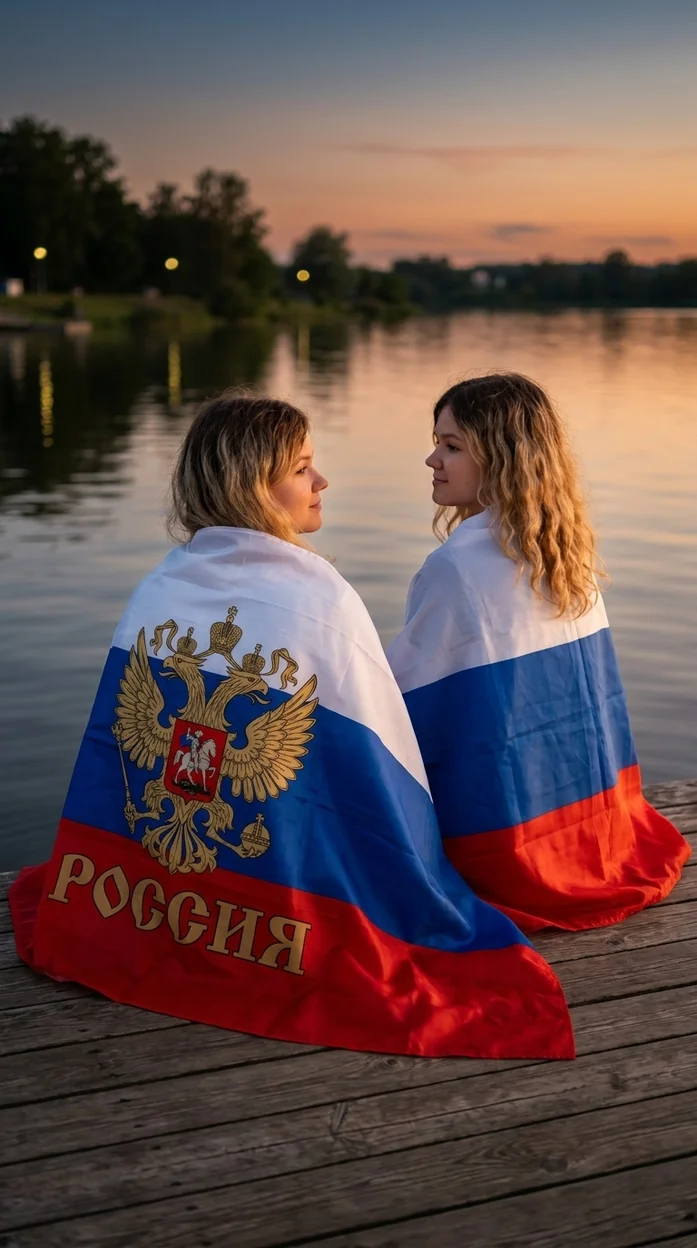 две девушки сидят на деревянном пирсе   - День России 