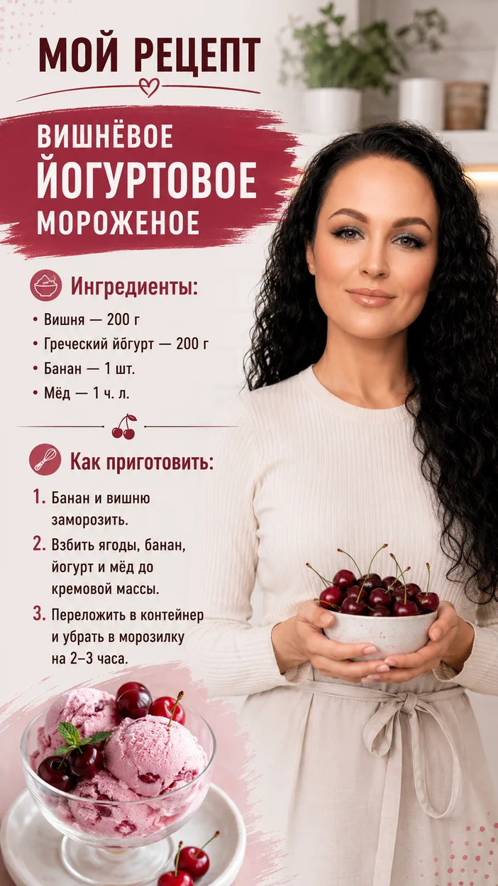 Фотосессия женщины с вишнёвым йогуртовым мороженым