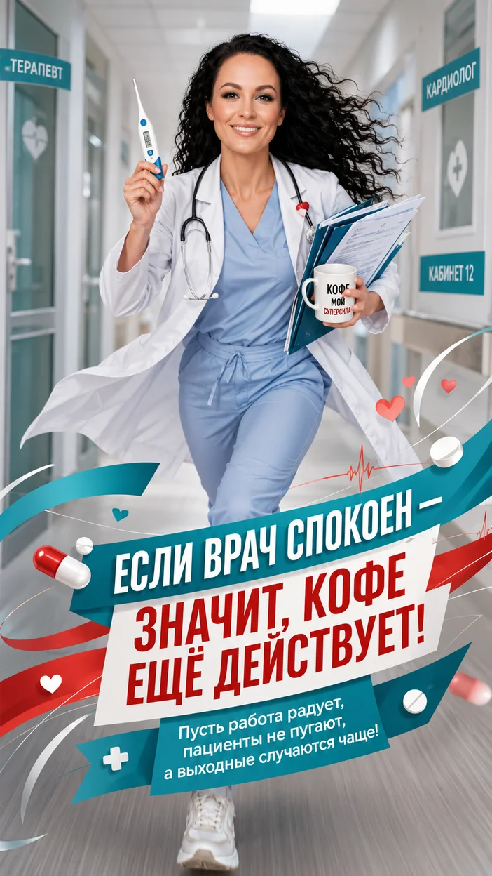 Фотооткрытка коллеге с текстом "ЕСЛИ ВРАЧ СПОКОЕН — ЗНАЧИТ, КОФЕ ЕЩЁ ДЕЙСТВУЕТ!"