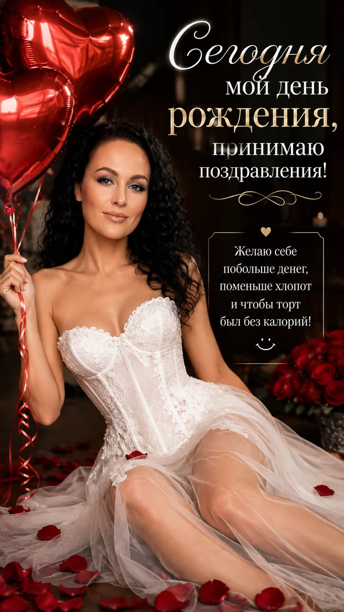 Фотооткрытка с текстом «Сегодня мой день рождения, принимаю поздравления!»