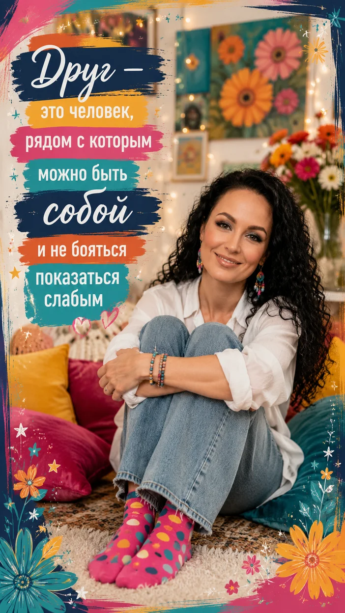 Фотооткрытка для друга с пожеланием "Друг — это человек, рядом с которым можно быть собой и не бояться показаться слабым"