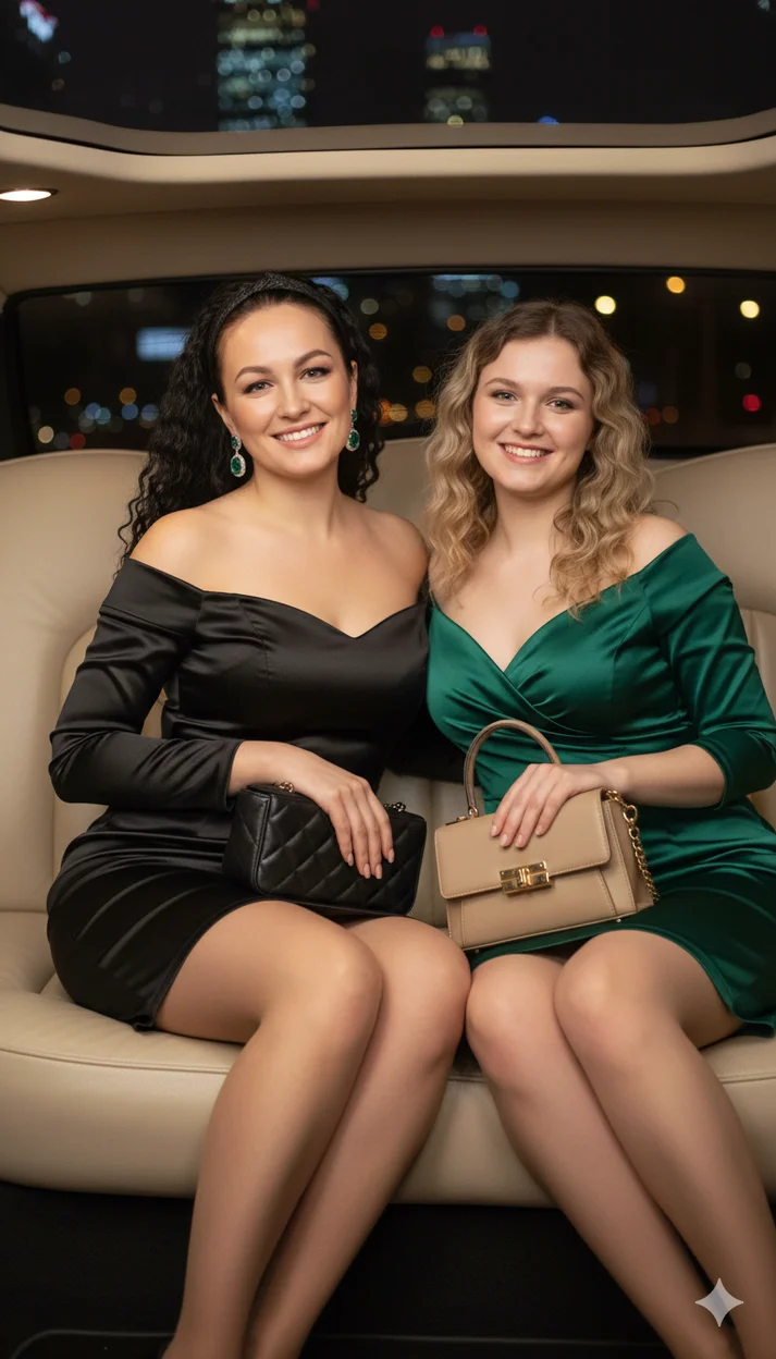 интерьер роскошного лимузина и две подружки 