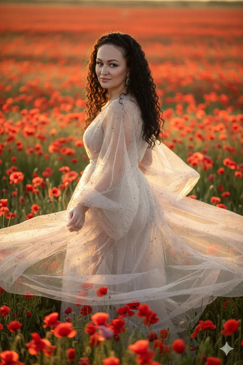 девушка в поле алых маков на закате