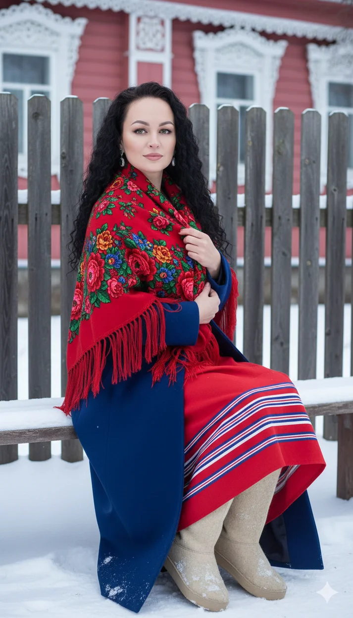 Женщина в красном платке и чёрном пальто сидит на лавке у деревянного дома 