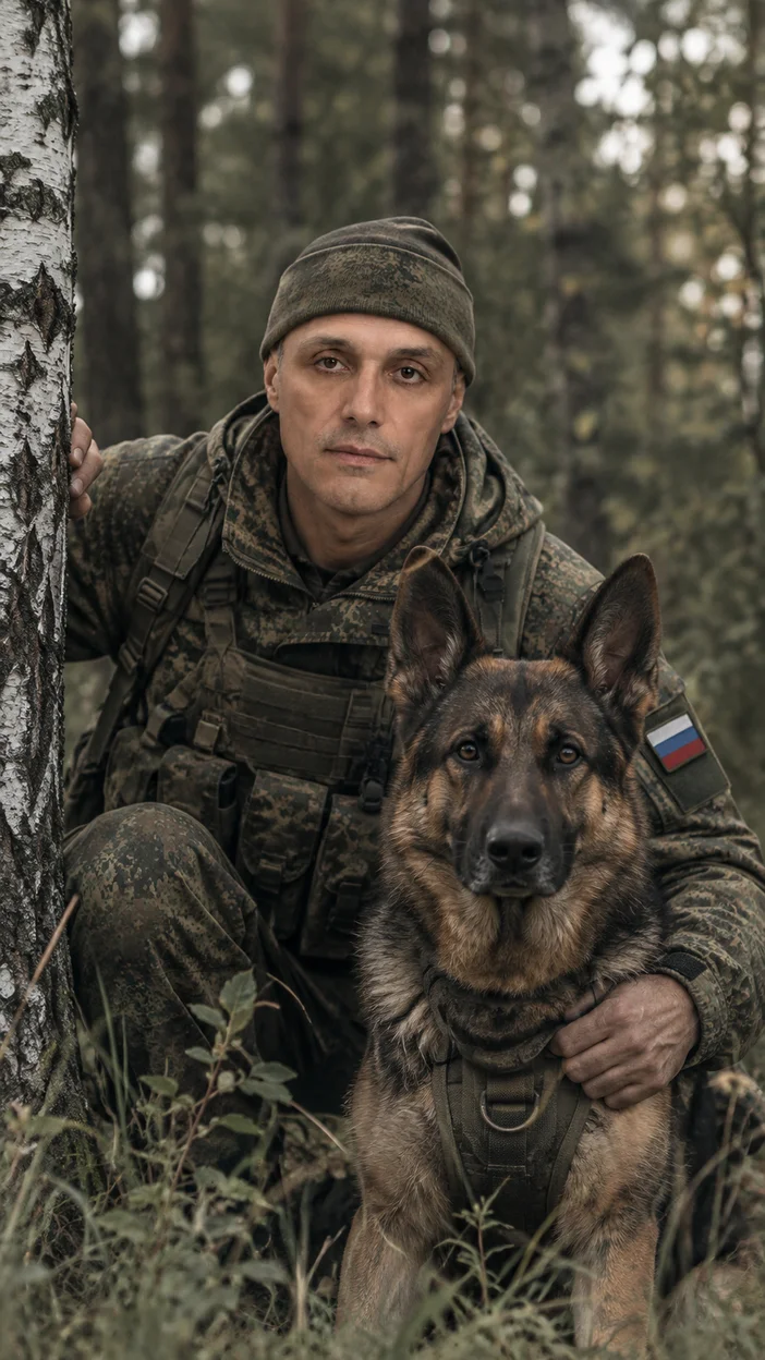 Фотосессия военный с собакой в берёзовом лесу в российской полевой форме