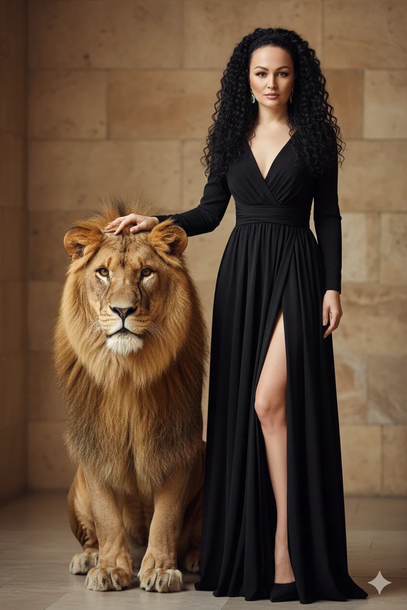 женщина в глубоком чёрном платье стоит рядом с величественным львом