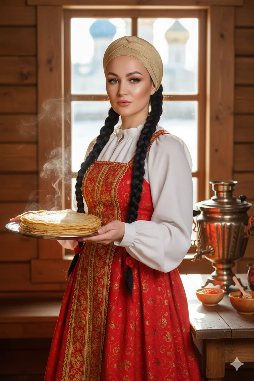 Девушка в красном сарафане с косами держит блины