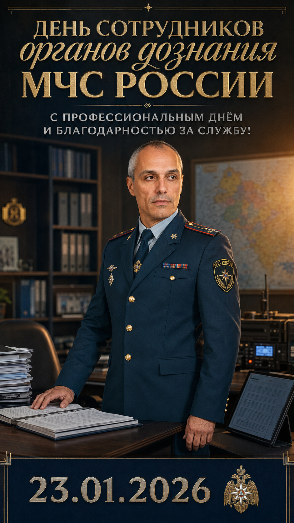 День сотрудников органов дознания МЧС России — 23.01.2026 — торжественная профессиональная открытка