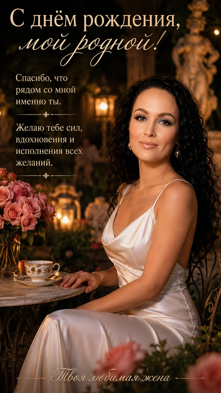 Фотосессия женщина в саду за столом — вечернее поздравление
