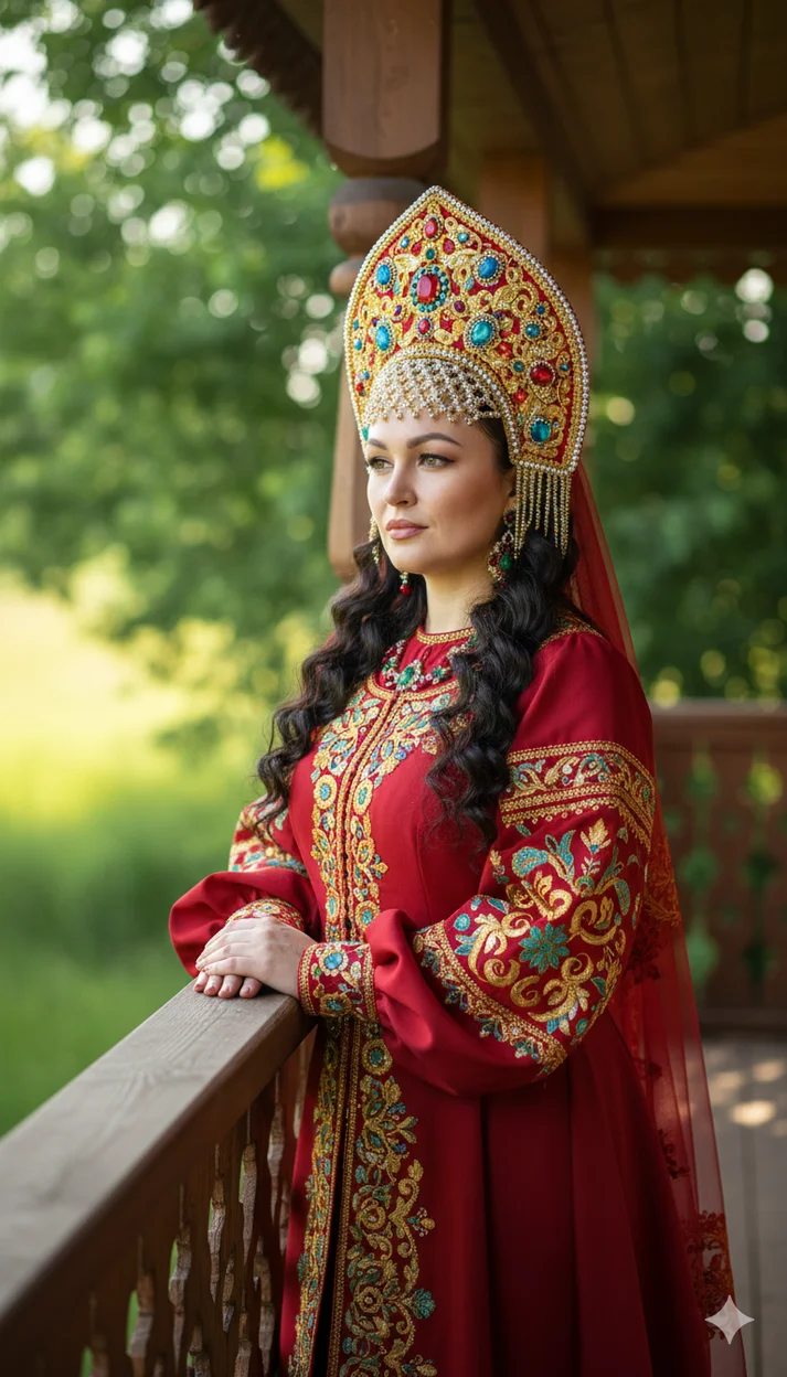 Девушка в русском царском наряде на деревянном балконе