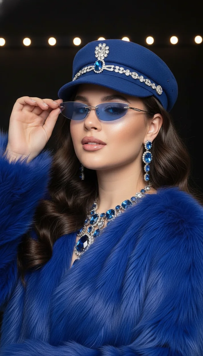 Девушка в студии в синем гламурном образе крупный портрет полуоборот взгляд в камеру яркий свет