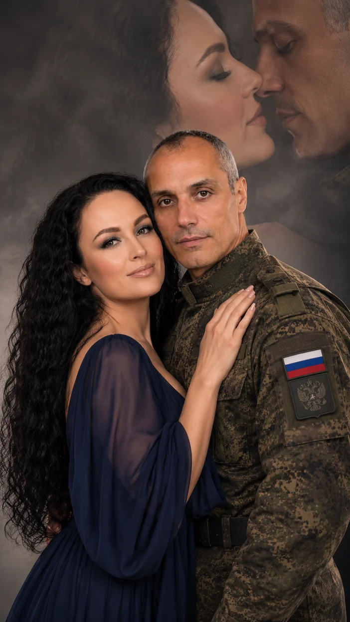 Фотосессия романтический студийный коллаж с мужчиной в русской форме и женщиной в длинном платье