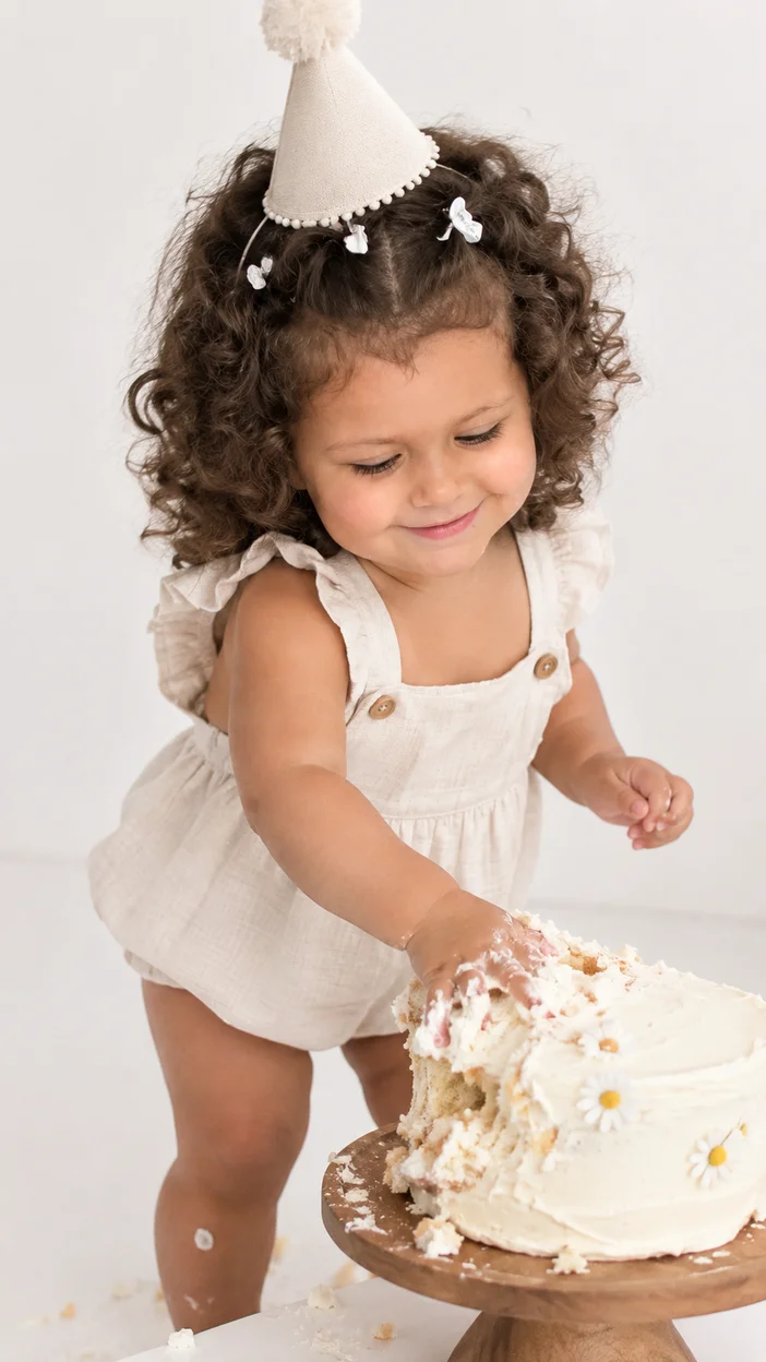Фотосессия candid cake smash с малышом и небольшим тортом в праздничном колпачке