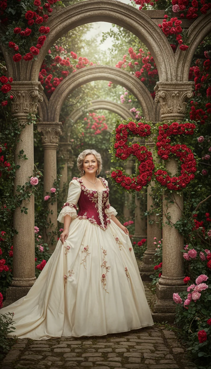  55 лет — фотосессия в старинном саду с цветочными цифрами