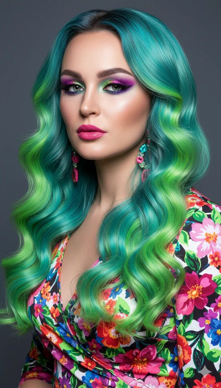 Цвета волос яркие неон-градиенты: бирюзовый, аквамариновый, изумрудный, фуксия