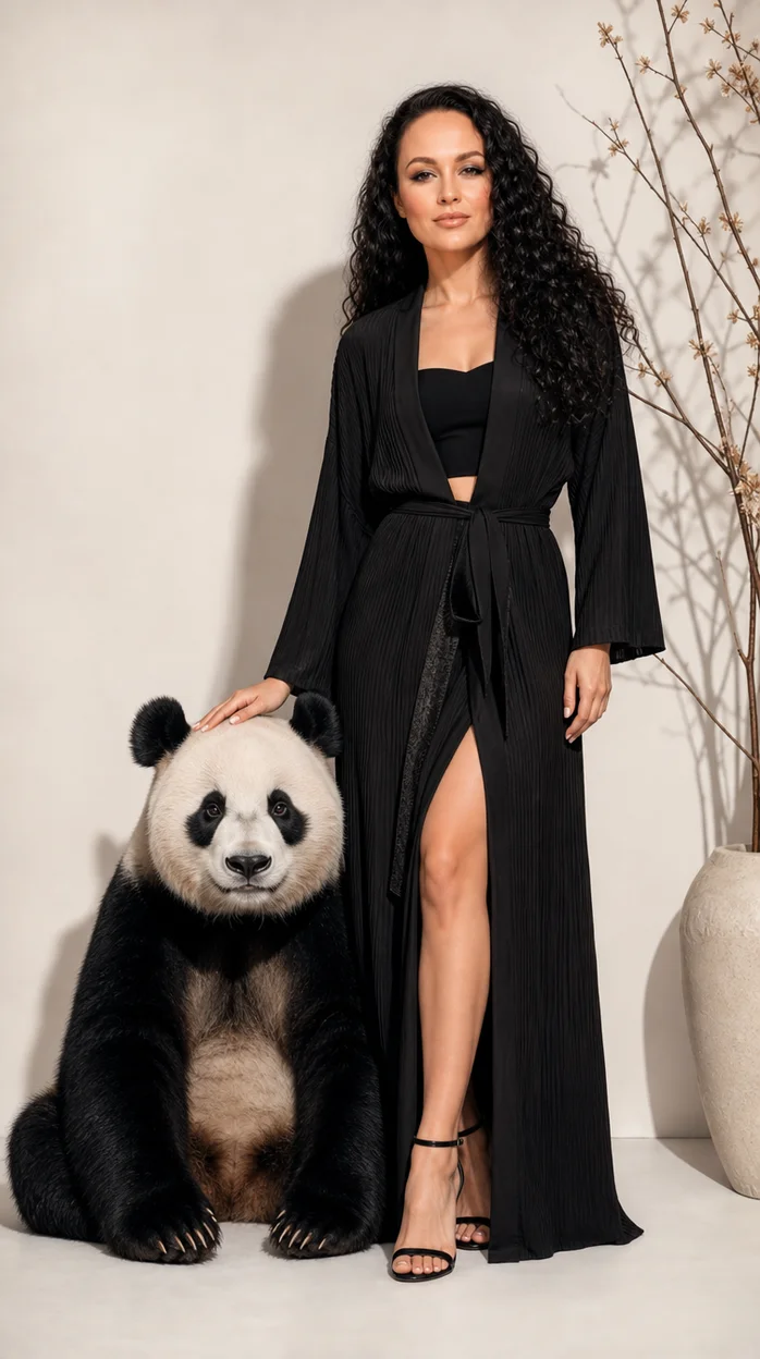 Фотосессия студийная fashion: девушка в длинном платье на светлом фоне рядом с пандой