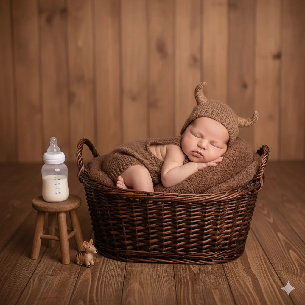 Малыш лежит в овальной плетёной корзине тёмно-коричневого цвета