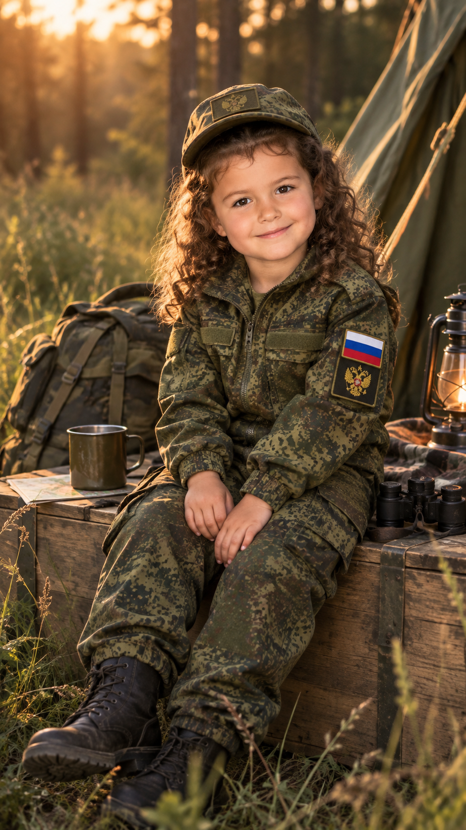 Фотосессия девочки у полевого лагеря на деревянном ящике в детской русской форме с походным реквизитом и шевроном
