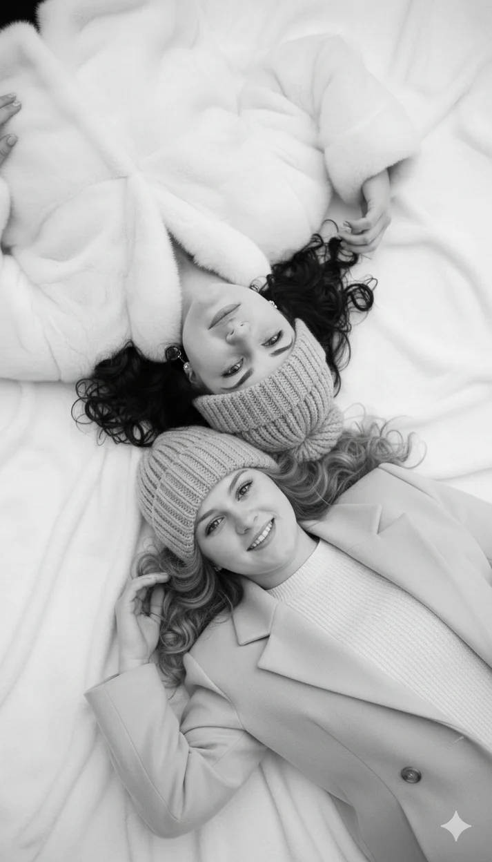 Две девушки лежат на светлом мягком фоне 