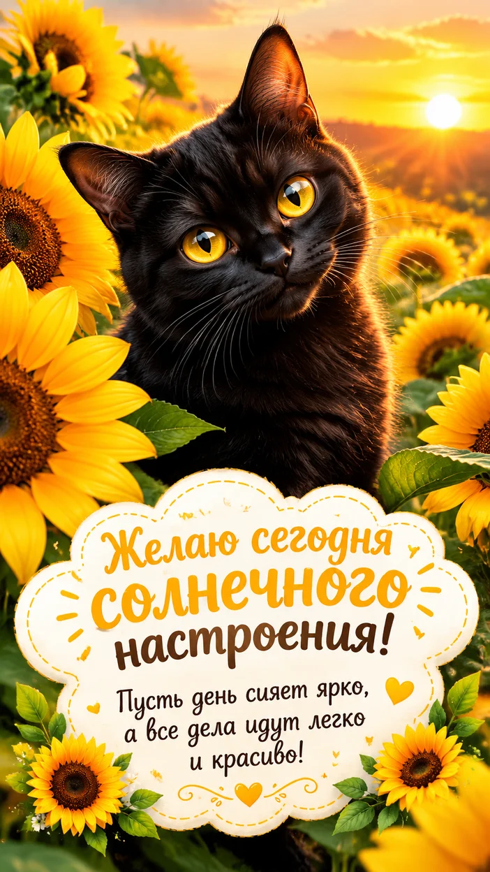 Фотосессия открытка с чёрным котом в подсолнухах на закате