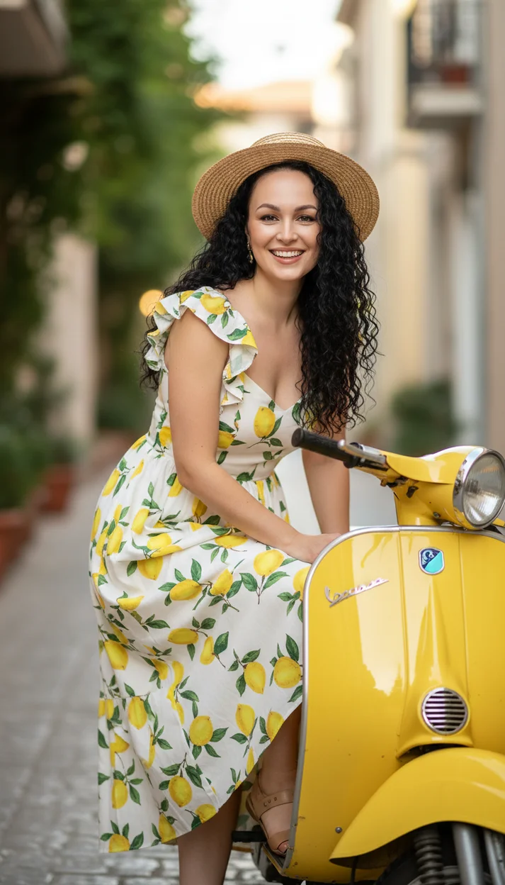 Летний carefree-портрет у жёлтого скутера