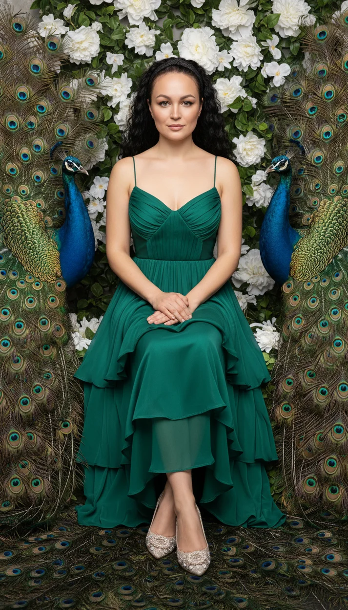 Девушка в зелёном платье среди павлинов и цветов