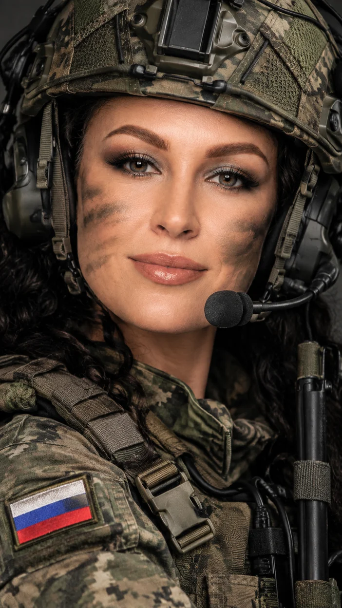 Фотосессия beauty‑портрет — крупный план девушки в русском военном шлеме с камуфляжным гримом