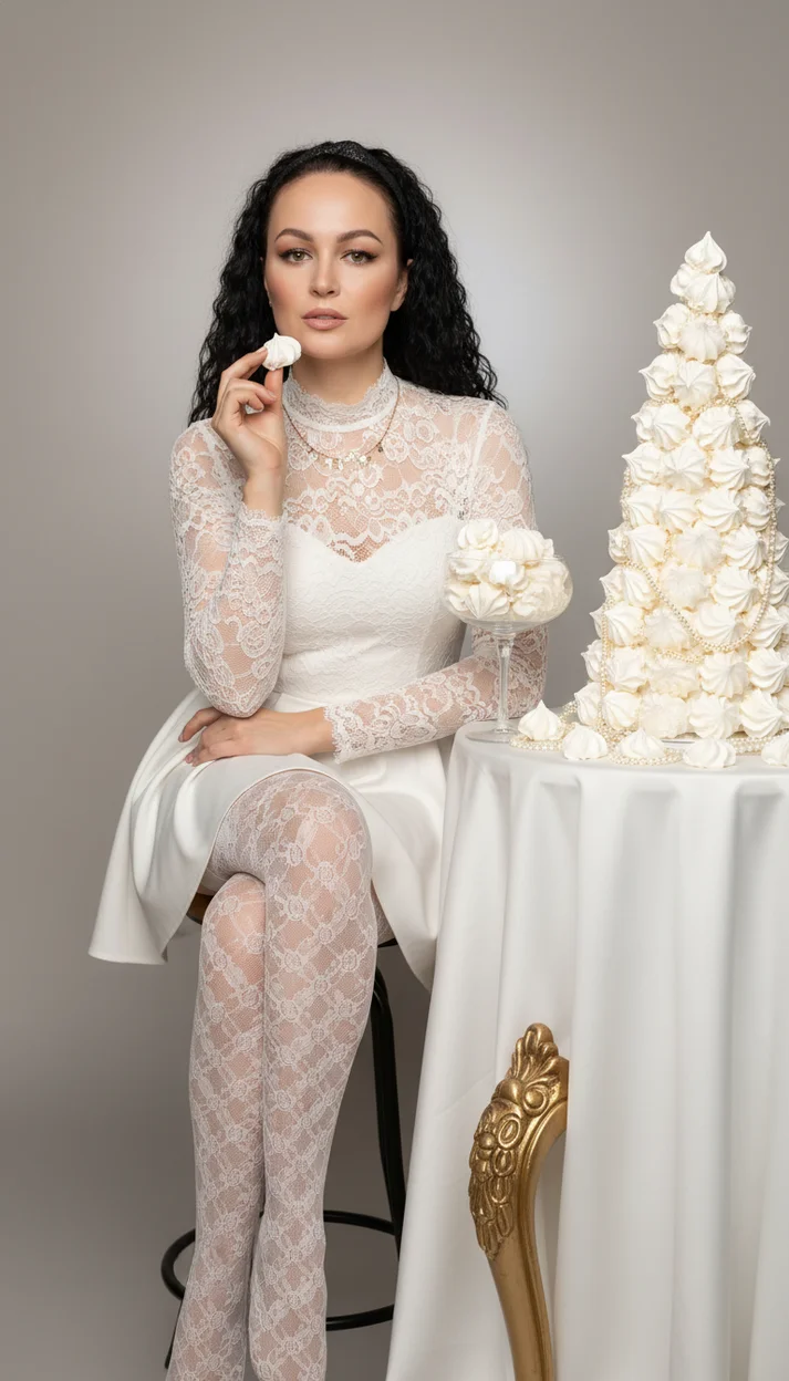  Женщина в белом кружевном платье сидит рядом с высокой башней из безе и держит десерт у губ