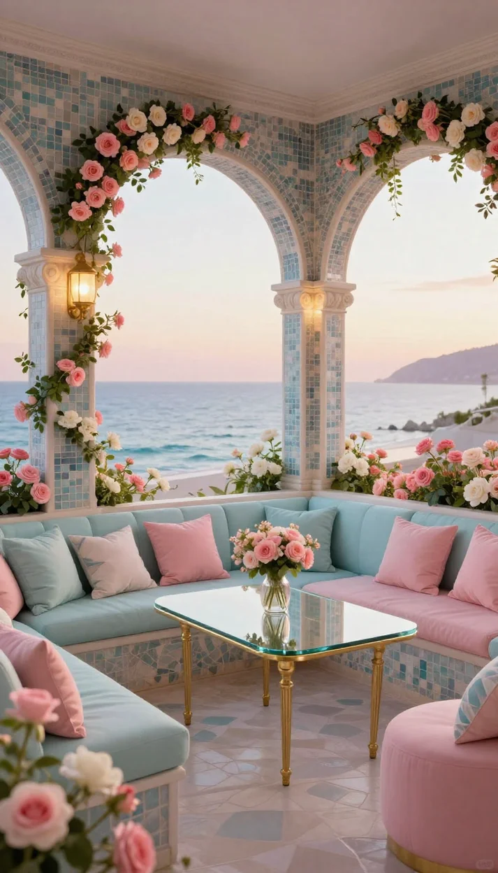 Пастельная терраса у моря с цветочными арками фотореалистичный интерьер