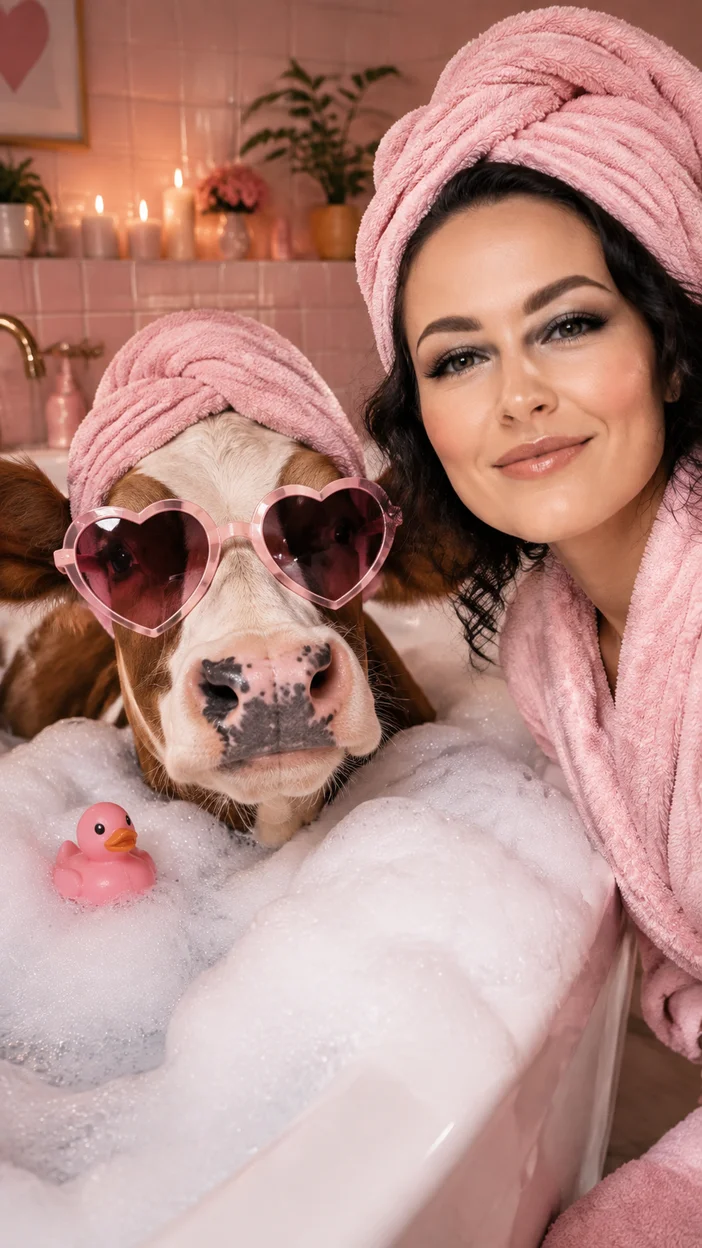 Фотосессия SPA-день с коровой в розовой ванне — халат, полотенца и розовая уточка