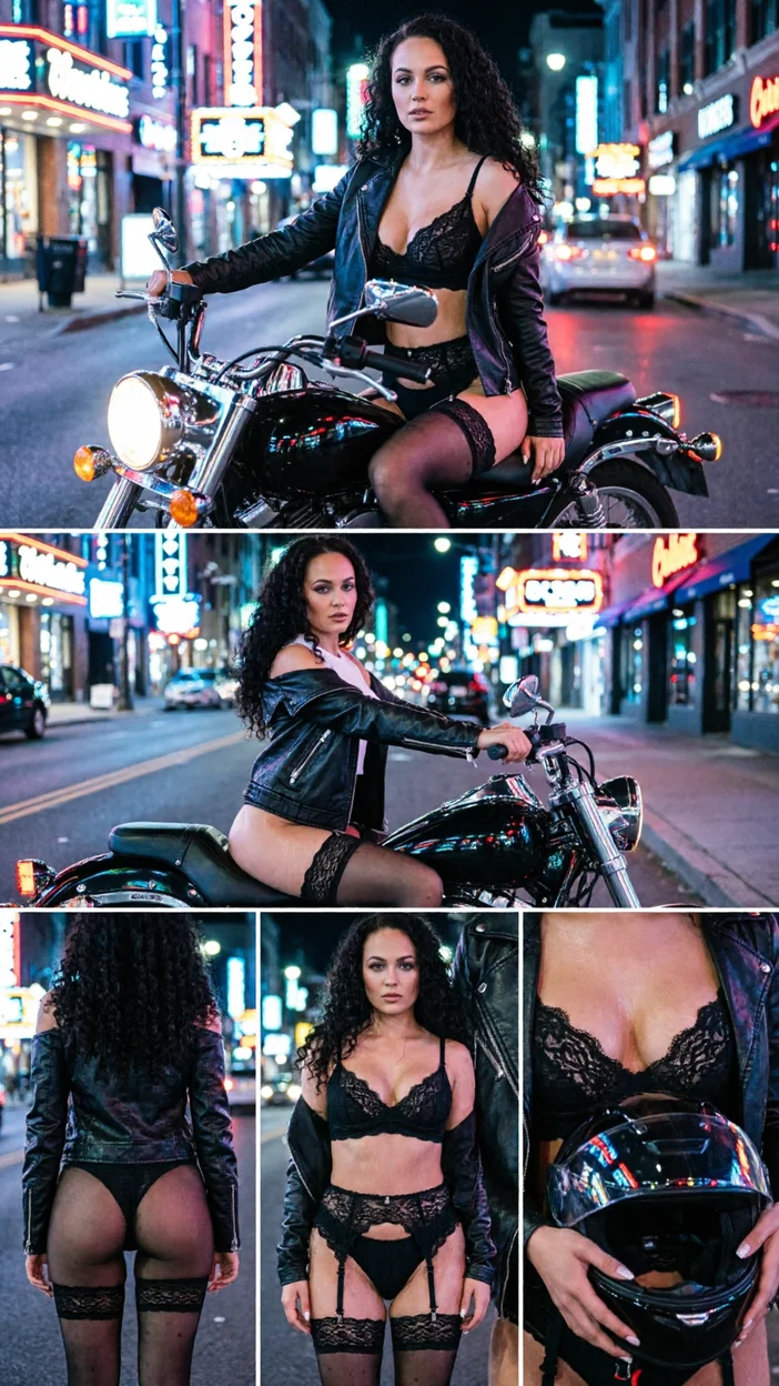 Коллаж из фото на мотоцикле в нижнем белье ночью 