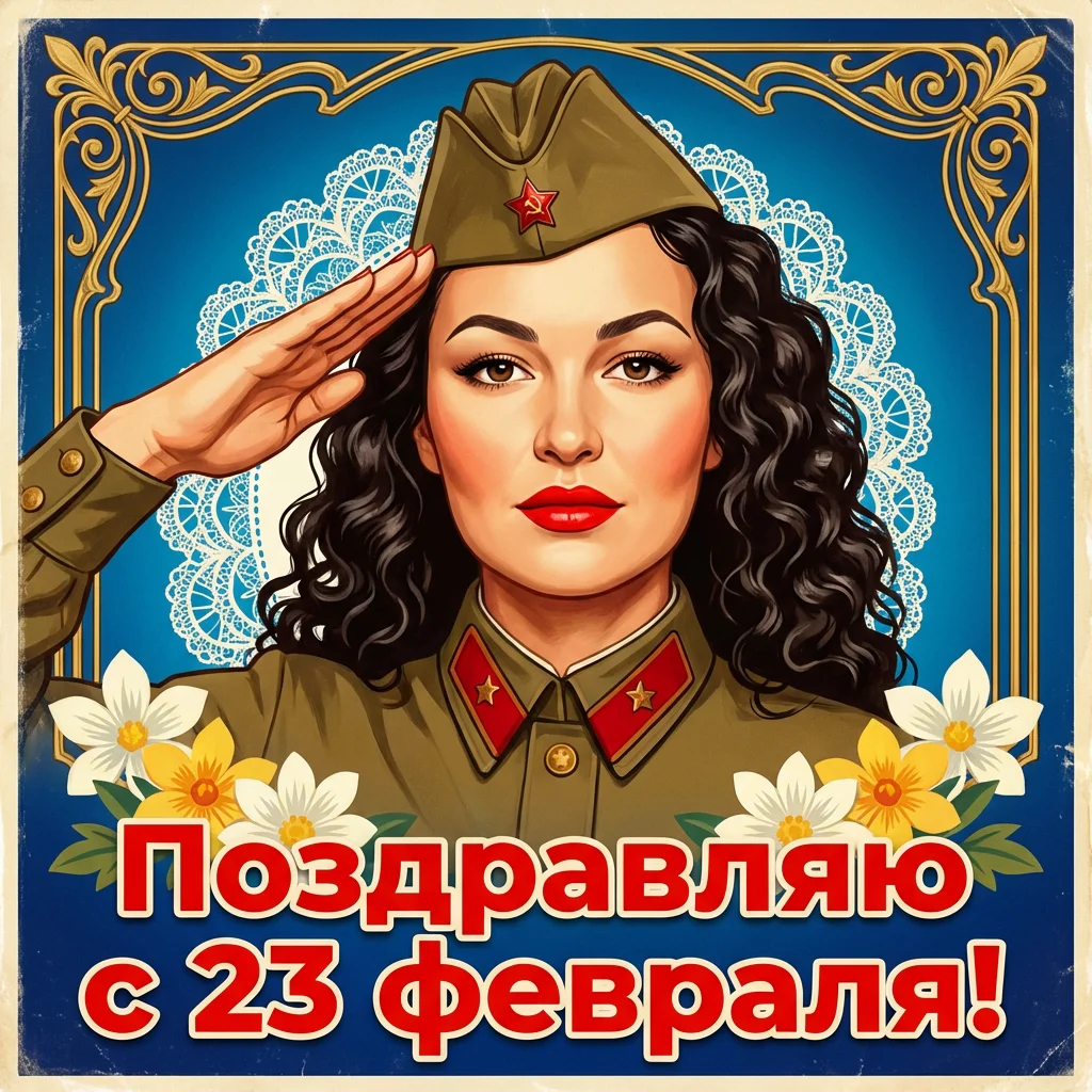 Женский портрет в стиле винтажного советского плаката 1950-х годов. Девушка в военной форме