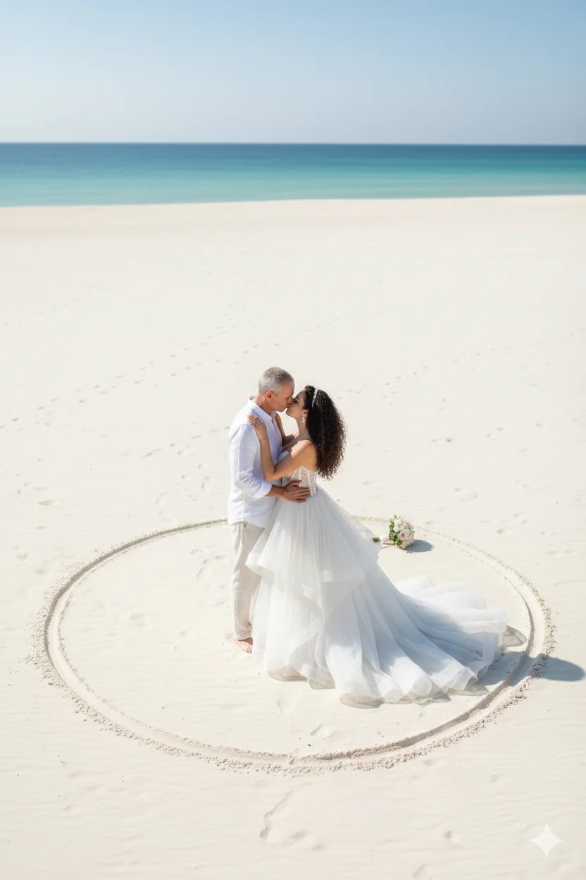 свадебная пара стоит в объятиях в центре идеально вычерченного круга на песчаном пляже