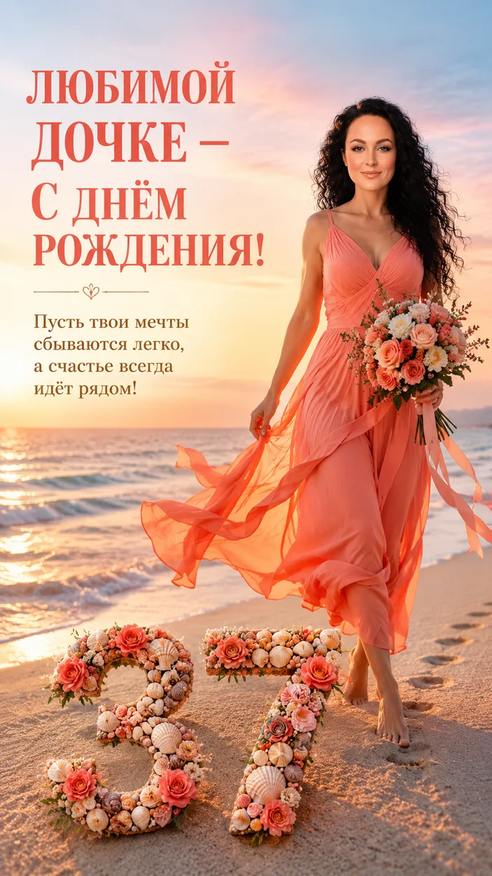 Фотооткрытка дочке на 37 лет с поздравлением "ЛЮБИМОЙ ДОЧКЕ — С ДНЁМ РОЖДЕНИЯ!"