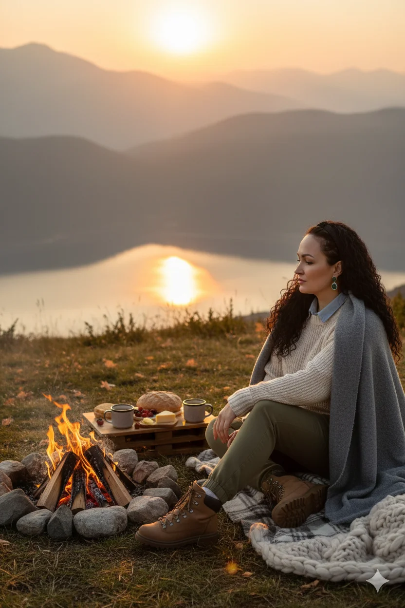 Уютный костёр из сложенных брёвен, камни, туристический плед