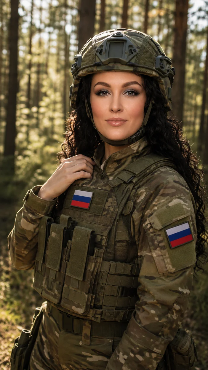 Фотосессия в солнечном лесу — девушка в современной русской военной форме с бронежилетом и тактическим шлемом