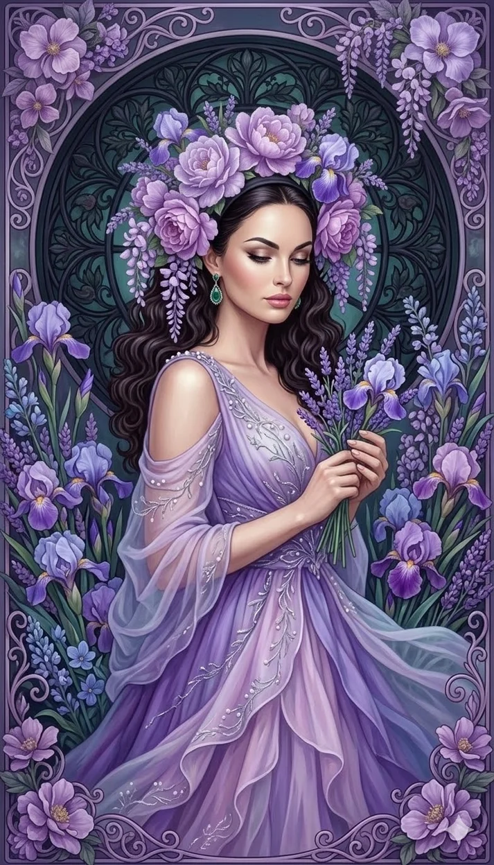 Художественный портрет в сказочной цветочной эстетике с доминирующей лавандово-фиолетовой палитрой.