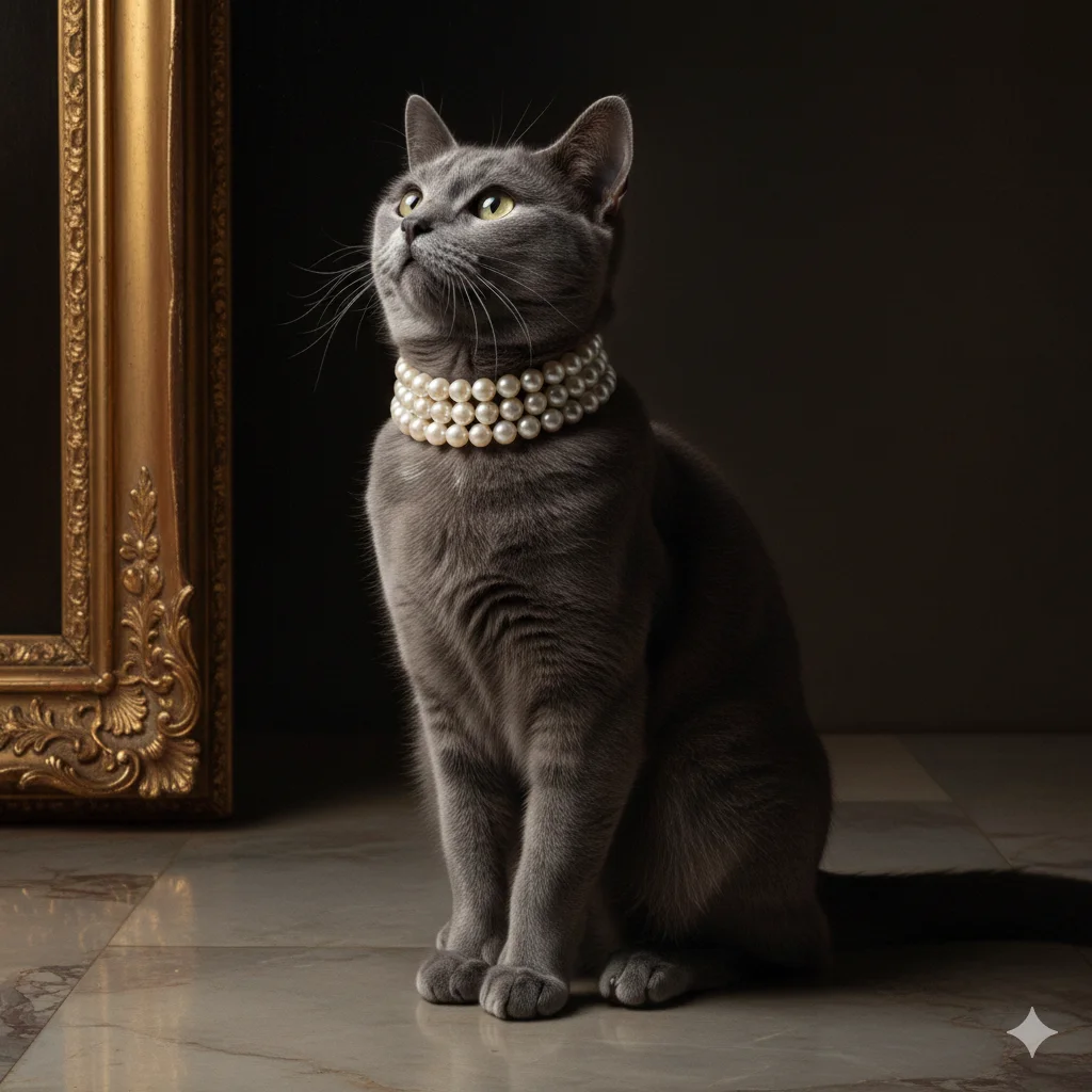 Животное в аристократическом образе с жемчужным чокером сидит в профиль на фоне классического интерьера