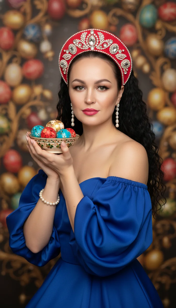  Женщина в синем платье и красном кокошнике держит чашу с расписными пасхальными яйцами 