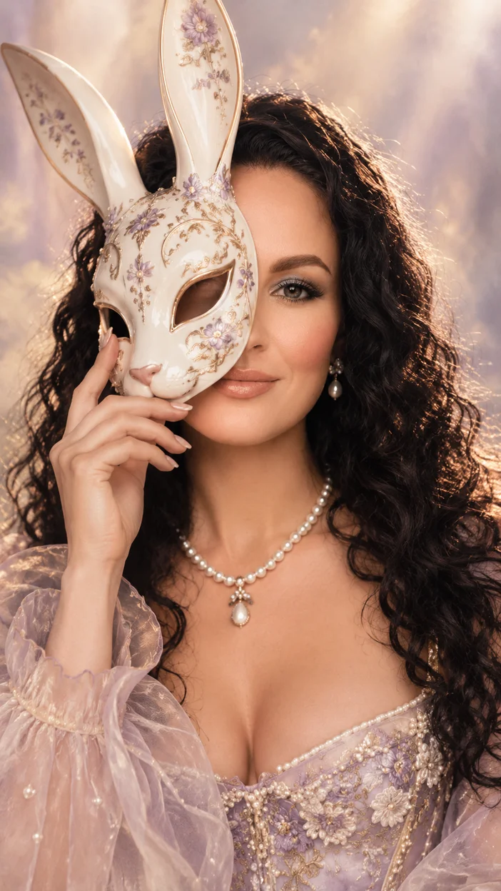 Фотосессия сказочная с белой фарфоровой маской-кроликом и романтичным пудровым платьем
