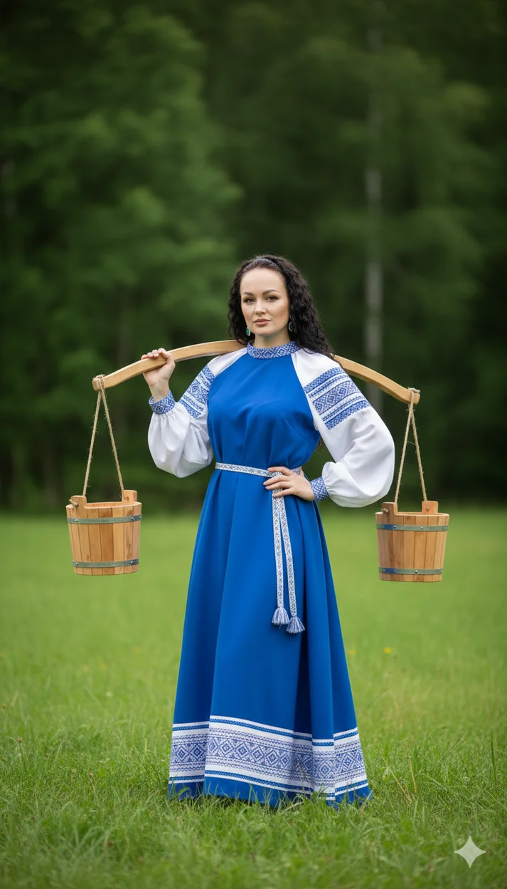 Женщина в синем сарафане с коромыслом и вёдрами